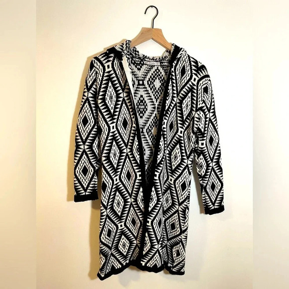 Misell Open Knit Hooded Cardigan Sweater Black/White Size S Wool Blend No Belt - Picture 1 of 6